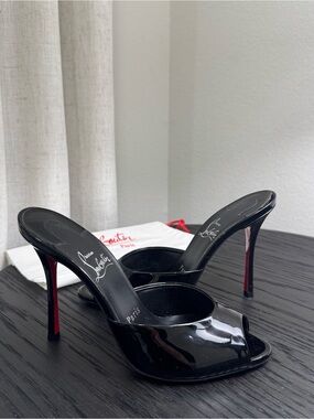 Christian Louboutin Black Patent Leather Open-Toe Mules with Red Soles